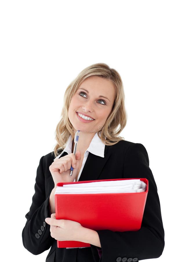 Mulher de pensamento com uma pena e um arquivo em suas mãos imagens de stock royalty free Mulher de pensamento com uma pena e um arquivo em suas mãos imagens de stock royalty free