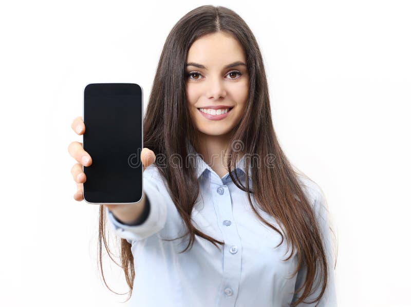 Mulher de sorriso feliz que mostra o telefone celular isolado no branco fotografia de stock royalty free Mulher de sorriso feliz que mostra o telefone celular isolado no branco fotografia de stock royalty free