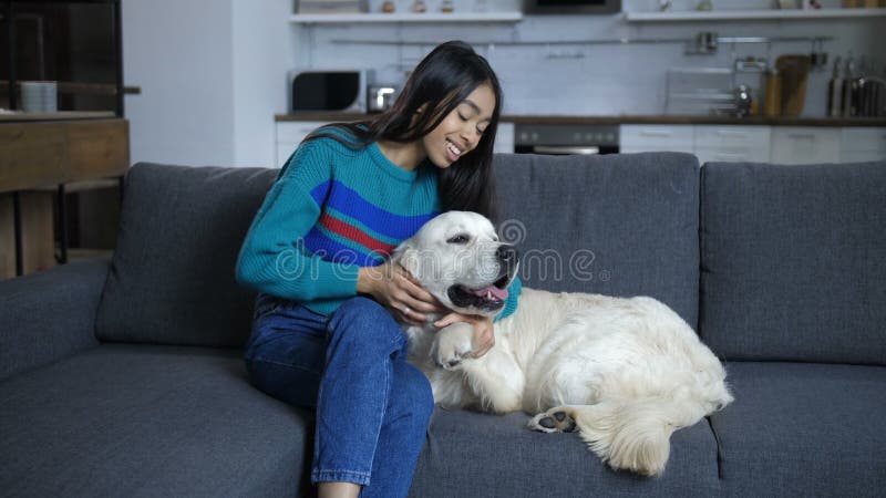 Mulher de sorriso que senta-se com o cão de encontro no sofá