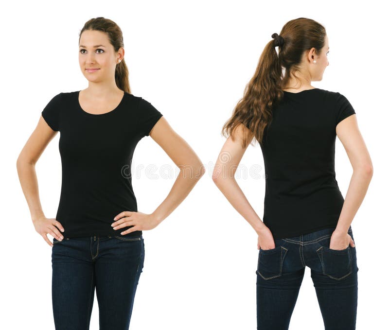 Mulher de sorriso que veste a camisa preta vazia fotografia de stock Mulher de sorriso que veste a camisa preta vazia fotografia de stock