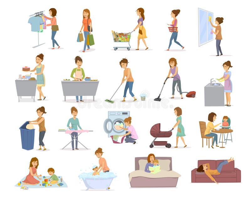 A mulher dirige diariamente tarefas, tarefas domésticas, atividades do househod como o cozimento de lavagem da compra da limpeza ilustração royalty free A mulher dirige diariamente tarefas, tarefas domésticas, atividades do househod como o cozimento de lavagem da compra da limpeza ilustração royalty free