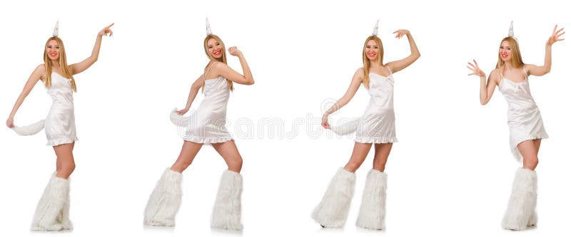 Mulher do cabelo louro no traje de disfarce isolado no branco imagens de stock Mulher do cabelo louro no traje de disfarce isolado no branco imagens de stock