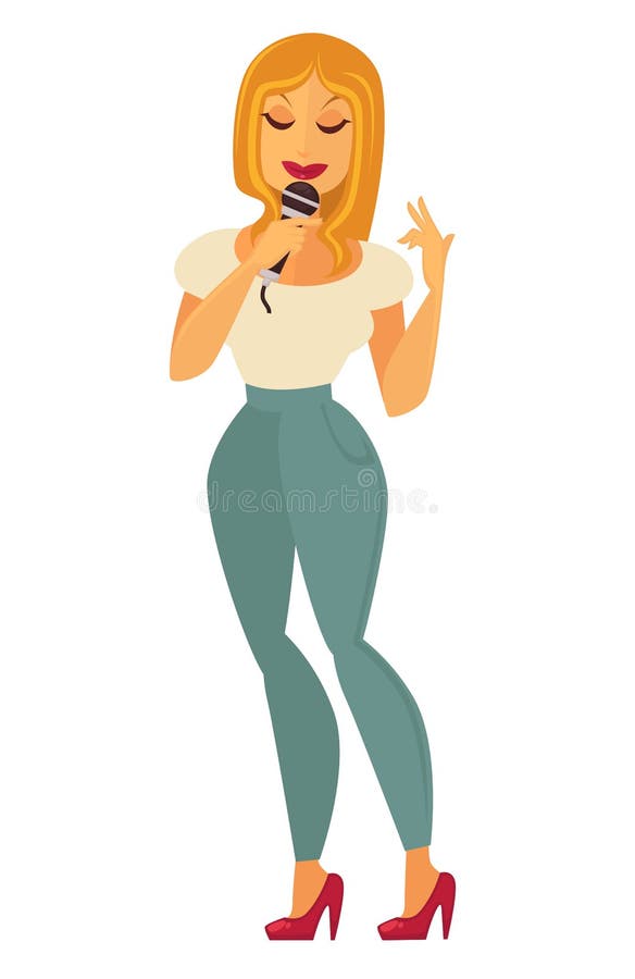Mulher do cantor que canta no ícone liso do vetor da fase do karaoke ilustração royalty free Mulher do cantor que canta no ícone liso do vetor da fase do karaoke ilustração royalty free