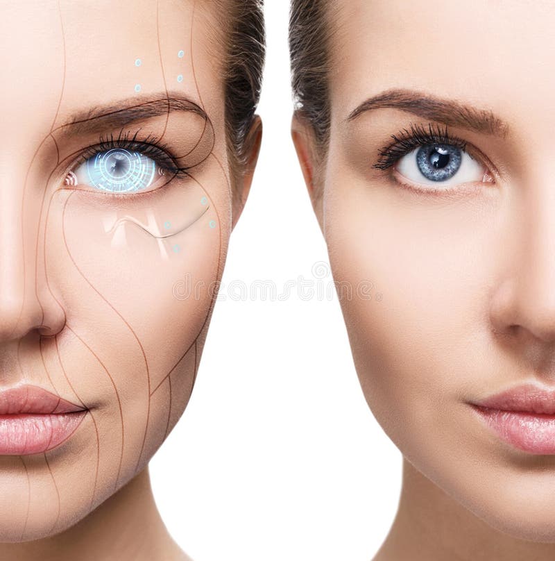Mulher do Cyborg com a peça da máquina de sua cara imagens de stock royalty free Mulher do Cyborg com a peça da máquina de sua cara imagens de stock royalty free