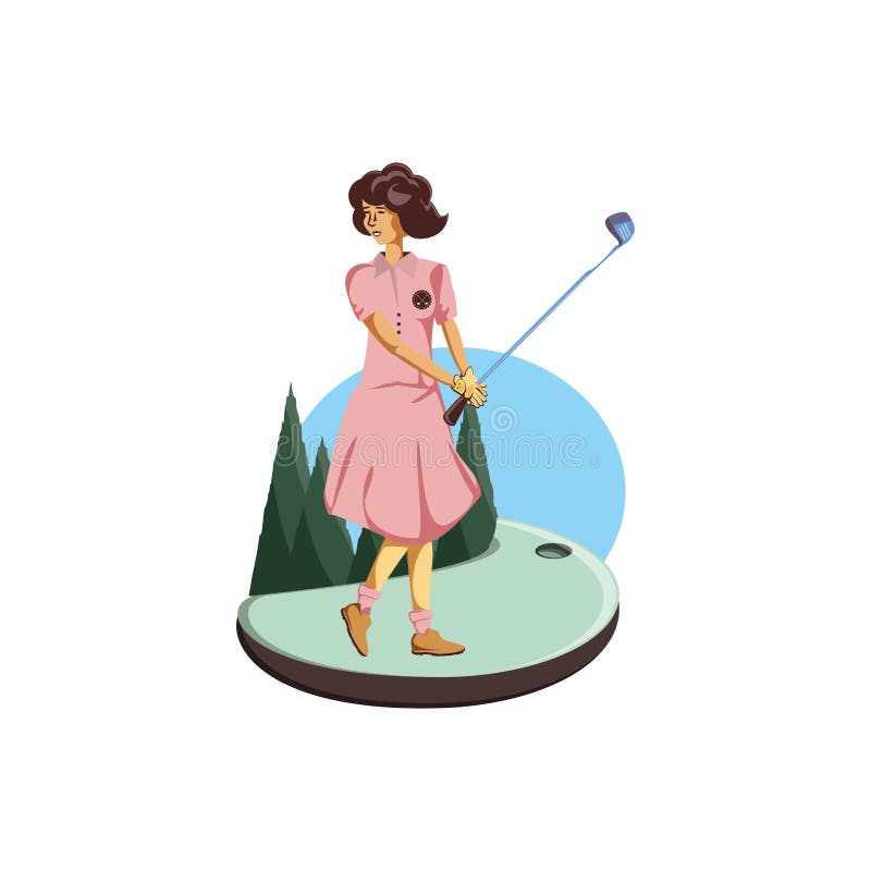 Mulher do jogador de golfe com golfe do campo e da vara ilustração stock Mulher do jogador de golfe com golfe do campo e da vara ilustração stock
