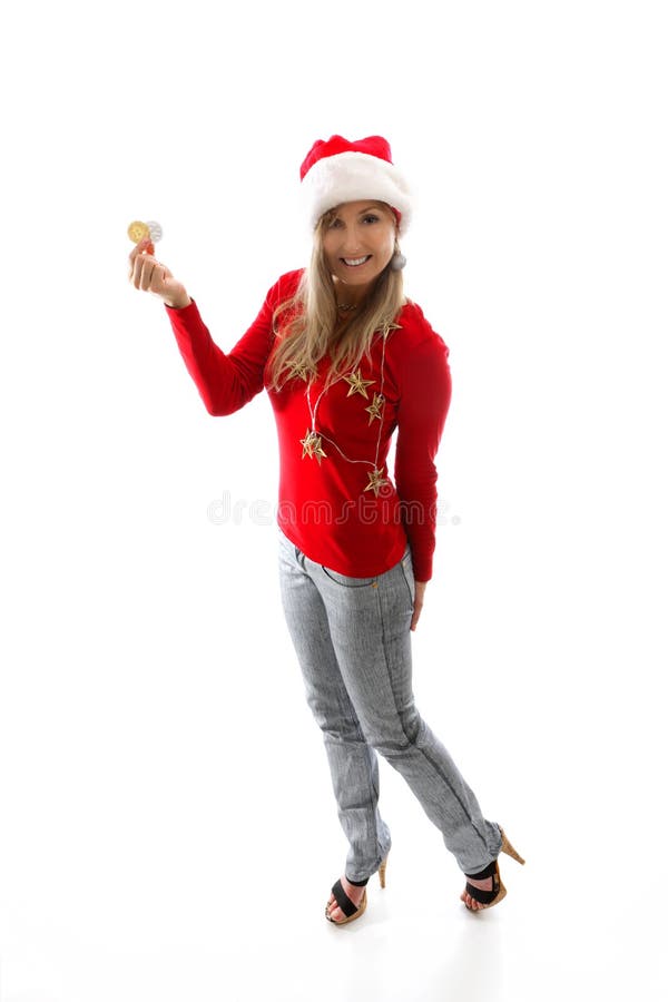 Mulher do Natal a mostrar e recomendar criptomoeda imagem de stock