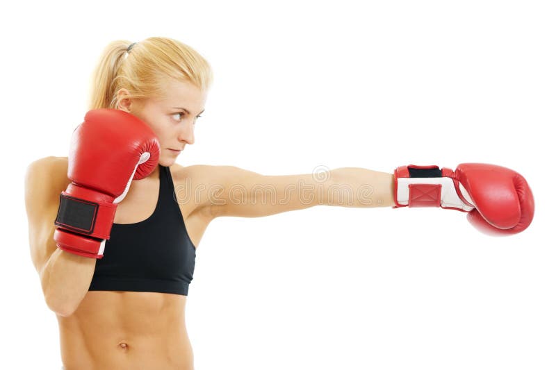 Mulher do pugilista com as luvas de encaixotamento vermelhas fotografia de stock royalty free