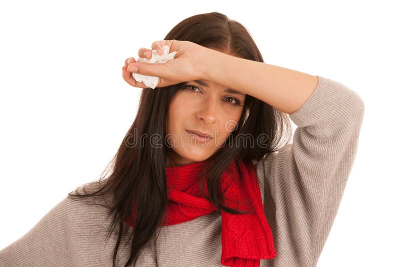 A mulher doente nova tem a dor de cabeça isolada sobre o fundo branco foto de stock A mulher doente nova tem a dor de cabeça isolada sobre o fundo branco foto de stock