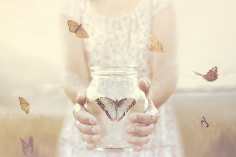 A mulher dá a liberdade a algumas borboletas fechadas em um vaso de vidro imagem de stock A mulher dá a liberdade a algumas borboletas fechadas em um vaso de vidro imagem de stock