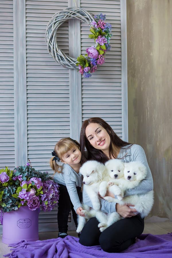 Mulher e bebê que jogam com o cão peludo do whit no tiro do estúdio em um roxo fotos de stock royalty free Mulher e bebê que jogam com o cão peludo do whit no tiro do estúdio em um roxo fotos de stock royalty free