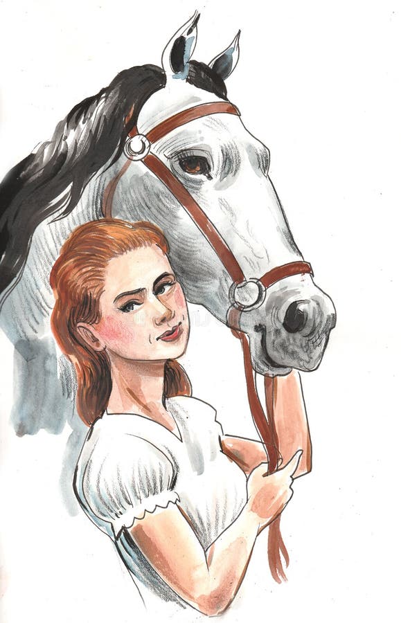 Mulher Com Pau De Cavalo Mulher e cavalo ilustração stock. Ilustração de preto - 124144819