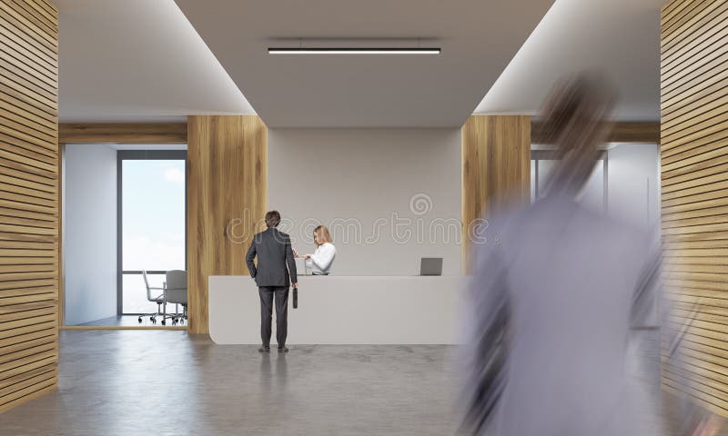 Rear view of two businessmen. One is entering the floor. The second is talking to blond secretary on reception. 3d rendering. Mock up. Rear view of two businessmen. One is entering the floor. The second is talking to blond secretary on reception. 3d rendering. Mock up.