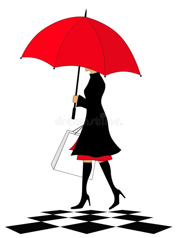 Mulher elegante com o saco vermelho do guarda-chuva e de compra