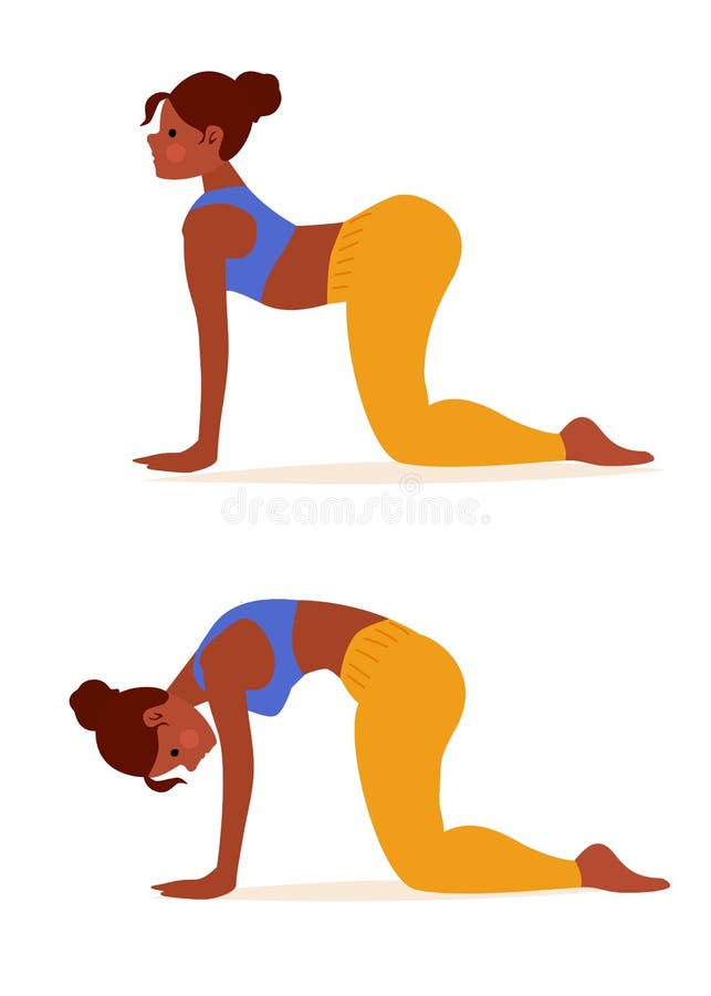 Mulher Em Vaca Yoga Cat Dá Dois Passos Para Esticar As Costas E Promover  Flexibilidade Espinhal. Ilustração Sobre Exercício Ilustração do Vetor -  Ilustração de treinamento, ajuste: 204408864