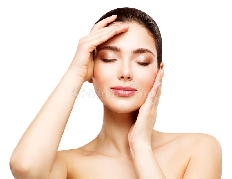 Mulher encara Bela Saúde da Pele, Linda Menina Saudável Composição, Tocando Maquiagem pelas Mãos, Skincare Natural e Tratamento fotografia de stock