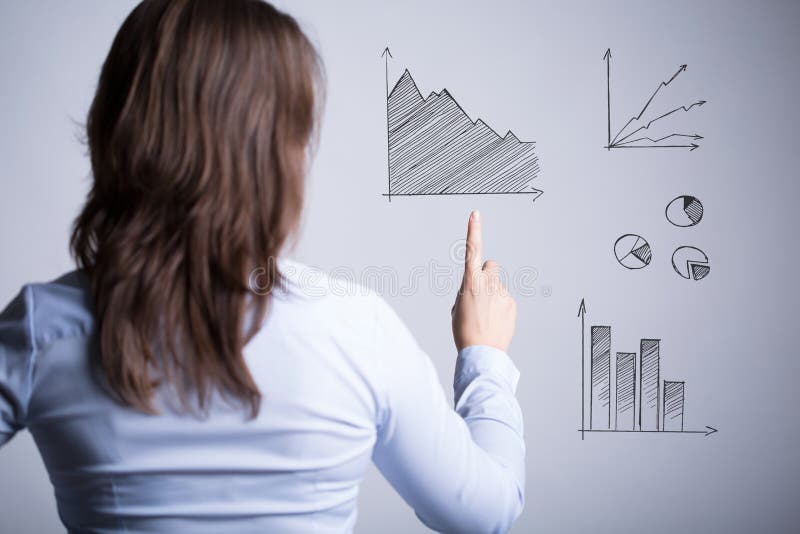 Horizontal view of woman among various charts. Horizontal view of woman among various charts