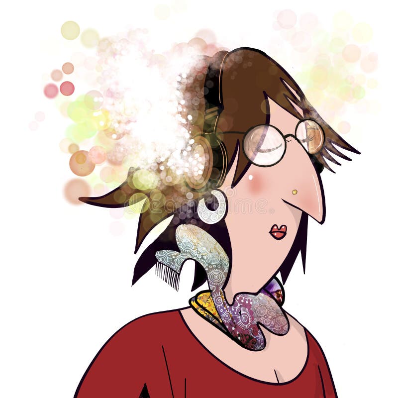 Cartoon of odd looking woman listening to something loud or absorbing on earphones. Cartoon of odd looking woman listening to something loud or absorbing on earphones