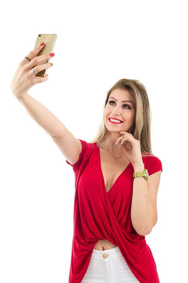 A mulher faz um retrato do retrato Selfie Pessoa e weari louros foto de stock A mulher faz um retrato do retrato Selfie Pessoa e weari louros foto de stock
