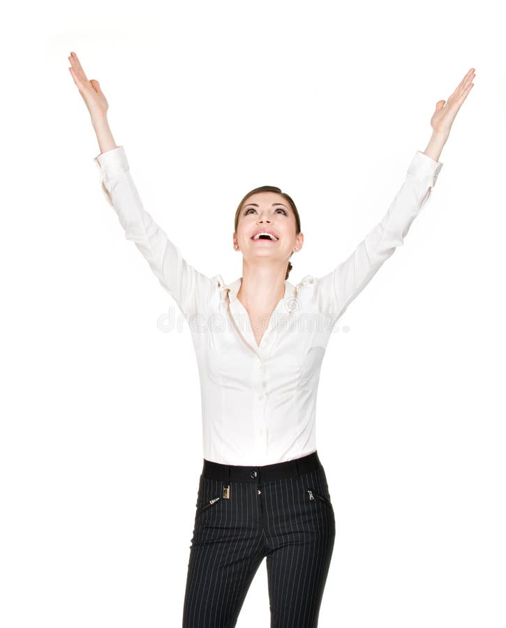 Young happy woman with raised hands up in white shirt - isolated on white background. Young happy woman with raised hands up in white shirt - isolated on white background.
