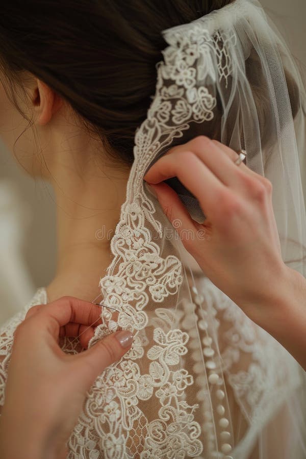 The woman delicately places the veil on the brides back with a soft hand gesture, while her fingers brush against the intricate embellishments on the wedding dress sleeve AI generated. The woman delicately places the veil on the brides back with a soft hand gesture, while her fingers brush against the intricate embellishments on the wedding dress sleeve AI generated