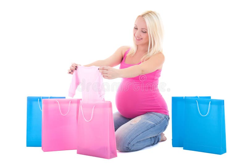Mulher gravida nova com os sacos de compras isolados no backgr branco fotos de stock Mulher gravida nova com os sacos de compras isolados no backgr branco fotos de stock