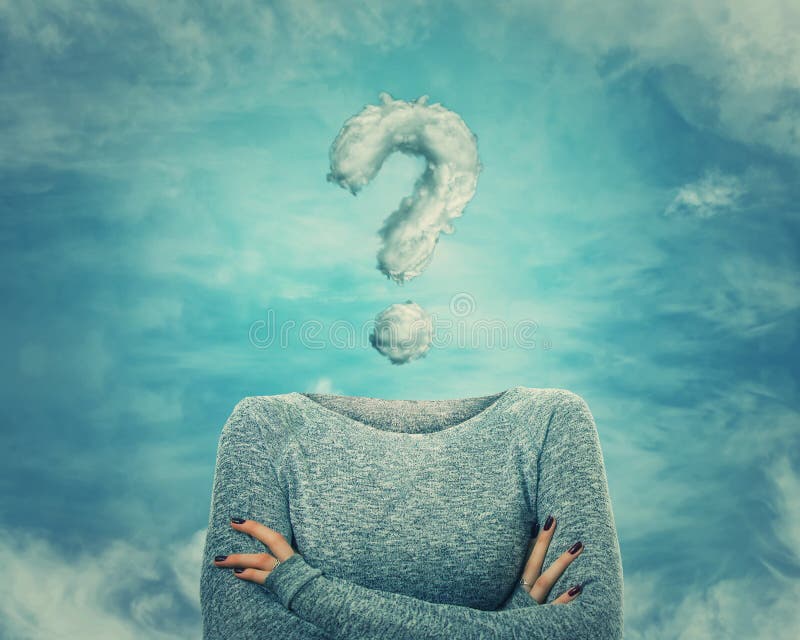 Surreal image as woman with crossed hands and invisible face has a question mark shaped cloud instead of head. Social mask for hiding his identity. Incognito introvert person with head in the clouds. Surreal image as woman with crossed hands and invisible face has a question mark shaped cloud instead of head. Social mask for hiding his identity. Incognito introvert person with head in the clouds.