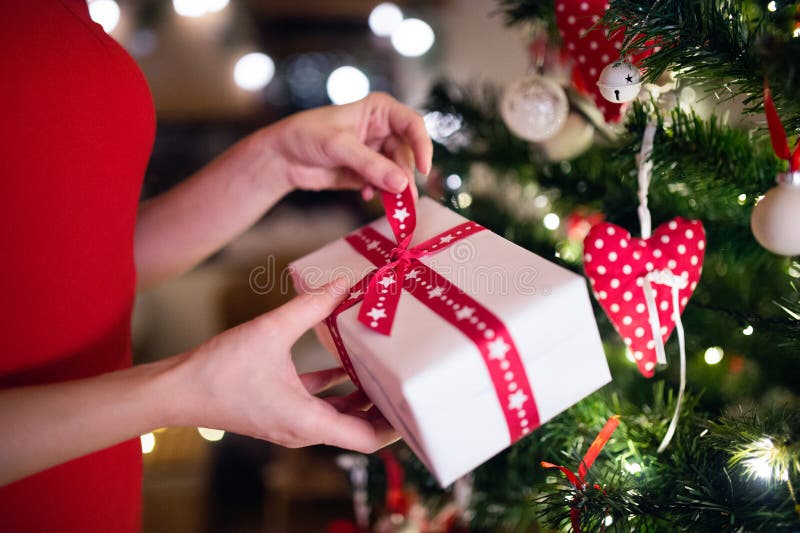 Mulher irreconhecível na frente da árvore de Natal com presente imagens de stock royalty free Mulher irreconhecível na frente da árvore de Natal com presente imagens de stock royalty free