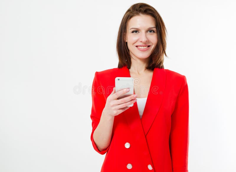 Mulher judaica do sorriso, telefone celular da posse da menina isolado no fundo branco, espaço da cópia imagem de stock royalty free Mulher judaica do sorriso, telefone celular da posse da menina isolado no fundo branco, espaço da cópia imagem de stock royalty free