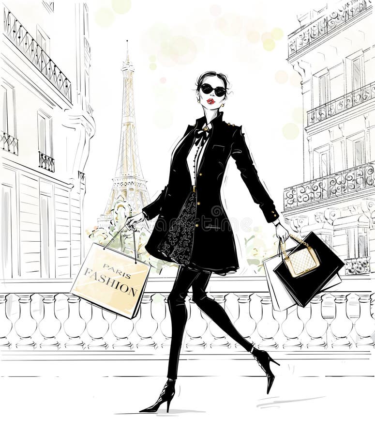 Mulher linda e desenhada à mão com sacos. aparência de moda. moça estilosa com roupas de moda com paris no fundo da rua. esboço. ilustração royalty free