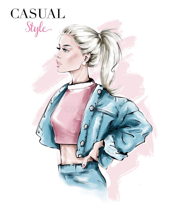 Mulher linda e desenhada à mão na jaqueta de jeans. moda loira com rabo de cavalo. ilustração de moda. moça estilosa. ilustração do vetor