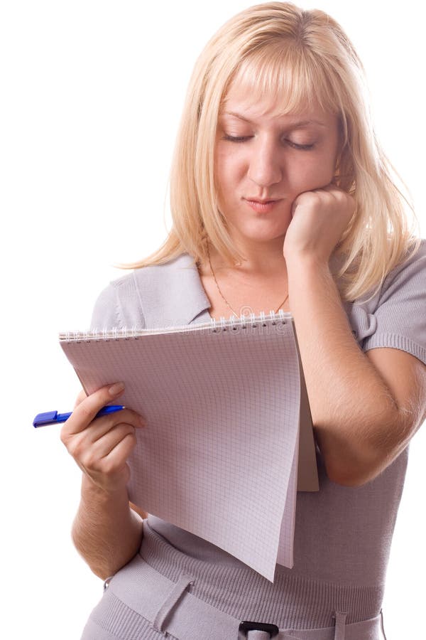 Mulher loura com almofada de nota. Isolado. #10 fotografia de stock Mulher loura com almofada de nota. Isolado. #10 fotografia de stock