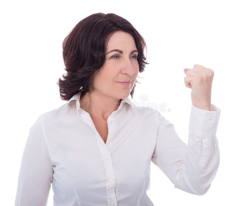 Mulher madura irritada isolada no branco imagens de stock Mulher madura irritada isolada no branco imagens de stock
