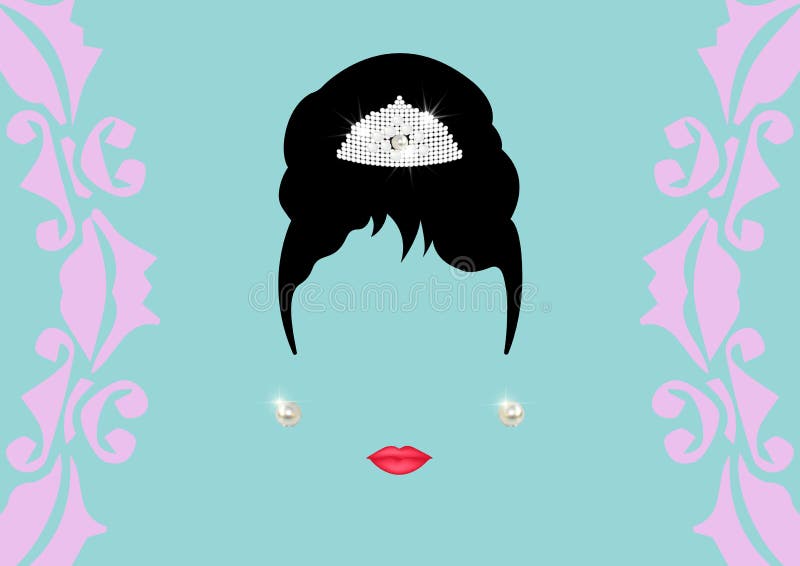 Minimalist portrait retrò woman Audrey Hepburn with jewels and beautiful brilliant pearl earrings, hairstyle retro style, vector isolated or vintage background. Minimalist portrait retrò woman Audrey Hepburn with jewels and beautiful brilliant pearl earrings, hairstyle retro style, vector isolated or vintage background