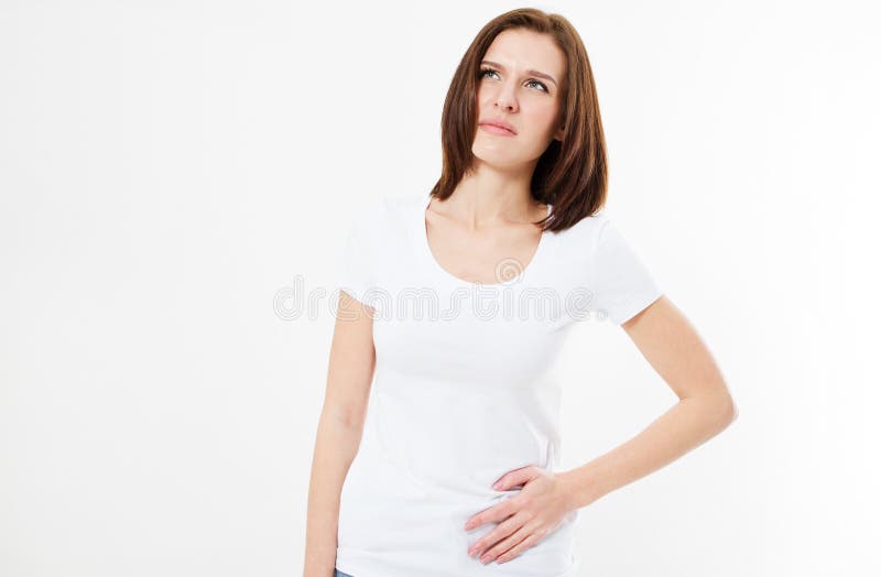 Mulher moreno bonita em grampos do lado do espinho durante o exercício, ciclo menstrual, menina de sofrimento, dor fêmea foto de stock royalty free Mulher moreno bonita em grampos do lado do espinho durante o exercício, ciclo menstrual, menina de sofrimento, dor fêmea foto de stock royalty free