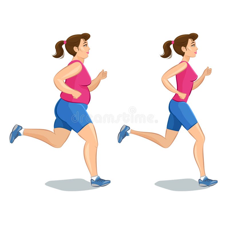 Sporty jogging woman, before and after,loss weight cardio training. Vector illustration. Sporty jogging woman, before and after,loss weight cardio training. Vector illustration