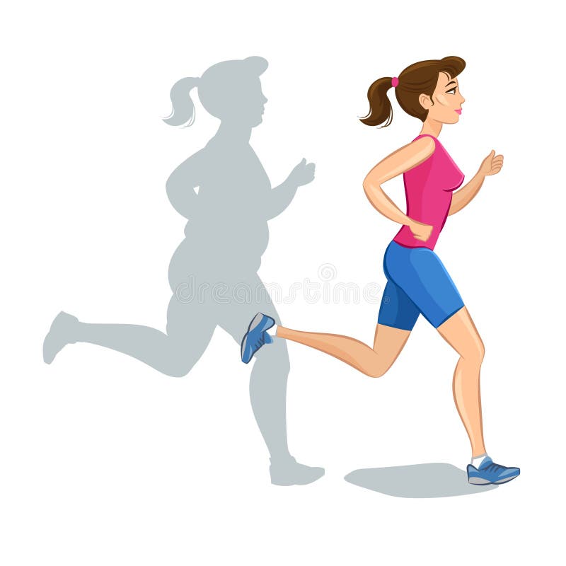 Active sporty young jogging woman, loss weight cardio training. Vector illustration. Active sporty young jogging woman, loss weight cardio training. Vector illustration