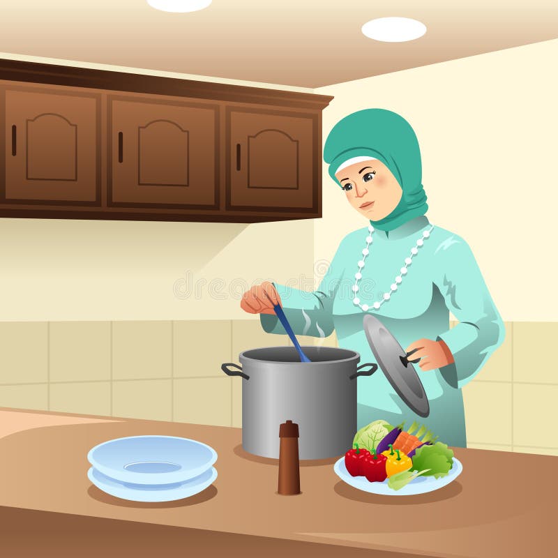 Mulher muçulmana que cozinha em casa a ilustração ilustração stock Mulher muçulmana que cozinha em casa a ilustração ilustração stock
