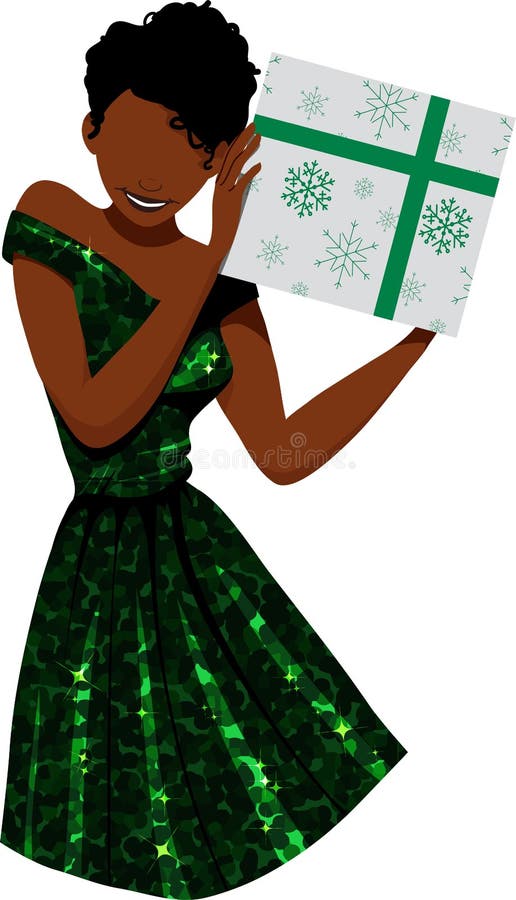 Mulher negra com vestido verde cintilante segura presente de natal