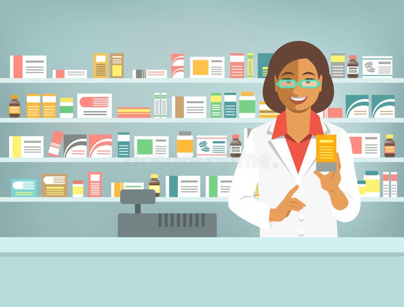 Mulher negra do farmacêutico com medicina no contador na farmácia ilustração do vetor Mulher negra do farmacêutico com medicina no contador na farmácia ilustração do vetor