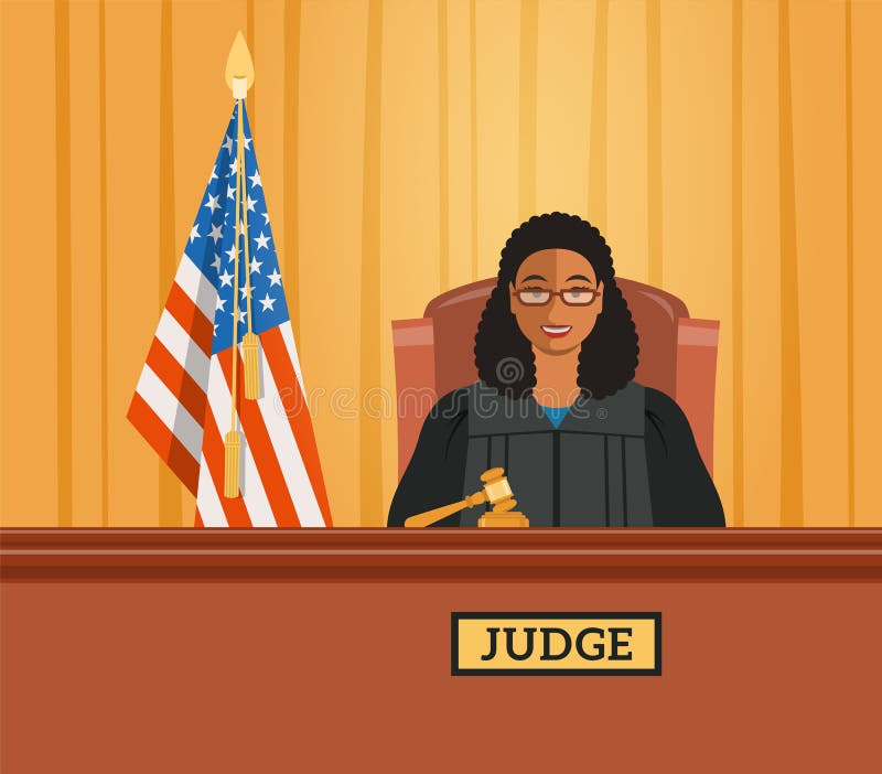Mulher negra do juiz na ilustração lisa do vetor da sala do tribunal