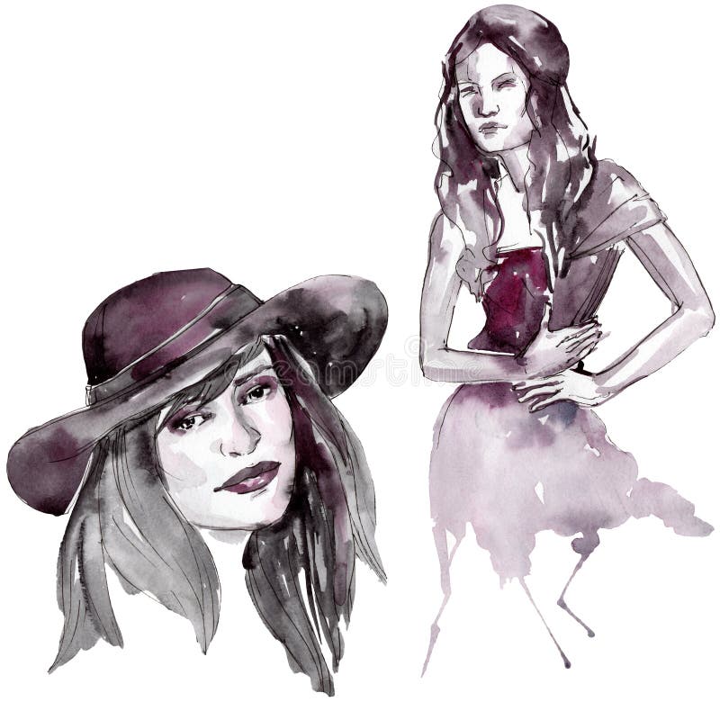 Mulher no chapéu e na menina na ilustração do encanto do esboço do vestido em um elemento isolado estilo da aquarela Jogo do fund ilustração do vetor Mulher no chapéu e na menina na ilustração do encanto do esboço do vestido em um elemento isolado estilo da aquarela Jogo do fund ilustração do vetor