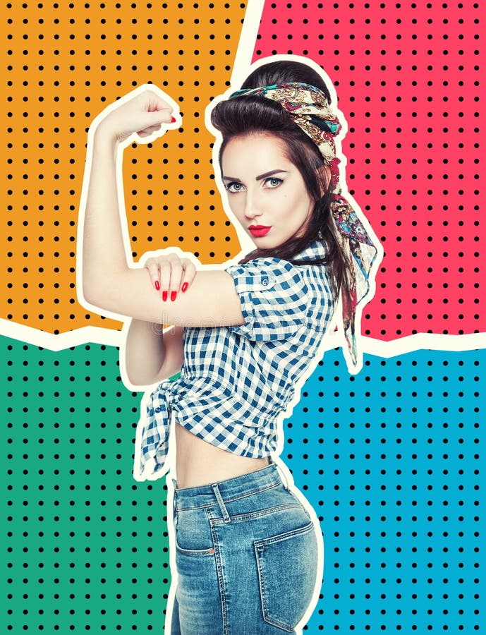 Mulher no estilo retro do pino-acima com gesto poderoso nós podemos fazer o TI fotos de stock royalty free Mulher no estilo retro do pino-acima com gesto poderoso nós podemos fazer o TI fotos de stock royalty free