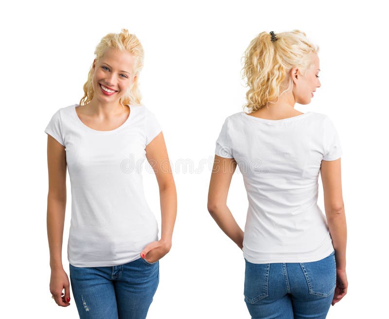 Mulher no t-shirt redondo branco do pescoço