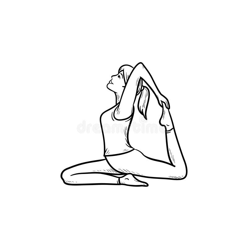 Mulher no ícone tirado mão da garatuja do esboço da pose do pombo do rei da ioga ilustração do vetor Mulher no ícone tirado mão da garatuja do esboço da pose do pombo do rei da ioga ilustração do vetor