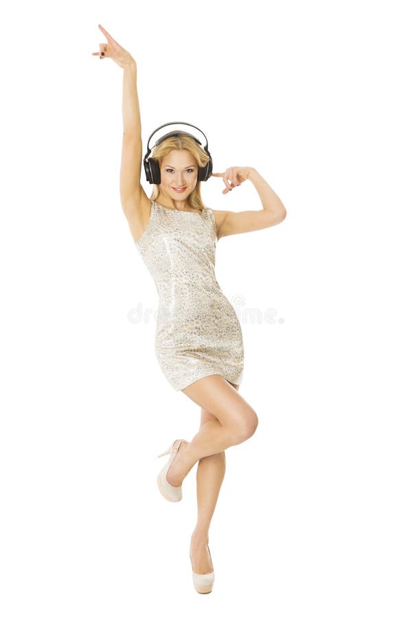 Mulher nos headpnones que dançam a escuta a música, isolada sobre o branco fotografia de stock royalty free Mulher nos headpnones que dançam a escuta a música, isolada sobre o branco fotografia de stock royalty free