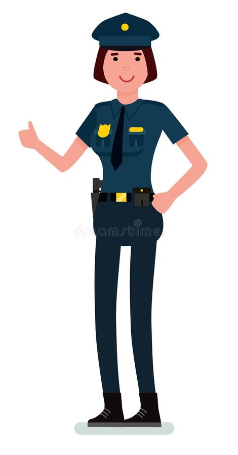 A mulher nova de sorriso da polícia no uniforme mostra-lhe o polegar acima Vector a ilustração lisa do projeto dos desenhos anima ilustração stock A mulher nova de sorriso da polícia no uniforme mostra-lhe o polegar acima Vector a ilustração lisa do projeto dos desenhos anima ilustração stock