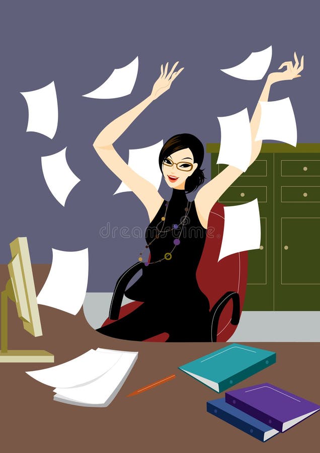 Business young woman in office jubilant at desk, with paper flying, document on desk. Business young woman in office jubilant at desk, with paper flying, document on desk