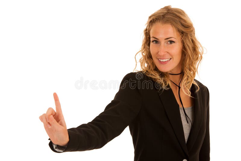 Mulher nova dos busienss que pressiona o botão virtual isolado sobre o branco fotografia de stock royalty free Mulher nova dos busienss que pressiona o botão virtual isolado sobre o branco fotografia de stock royalty free