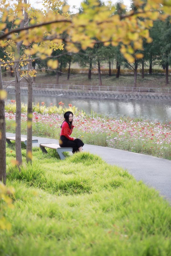 Jovem sentada num banco. Margarida, liberdade fotografia de stock royalty free