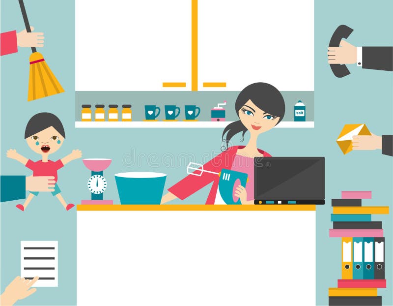 Busy multitask woman, mother managing her work with smile. Busy multitask woman, mother managing her work with smile.